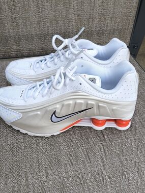 Nike White/Beige Shox Sneakers with Orange Accents